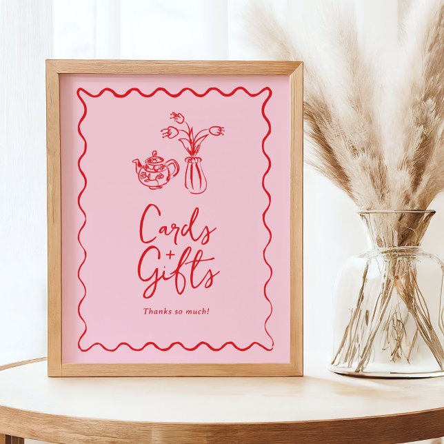 Póster Cartas y Rótulos de té Fiesta con un fantástico es (cards and gifts table sign in pink with hand drawn doodle tea pot and vase)