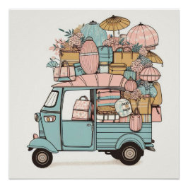 Póster Carte illustrée “Tuk-tuk évasion bohème”