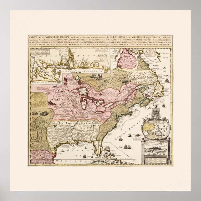 Póster Carte Québec Nouvelle-France Amérique par Français (Frente)