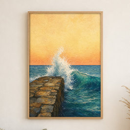 Póster Cartel Acuarela de Rompiente en el Muelle Costero