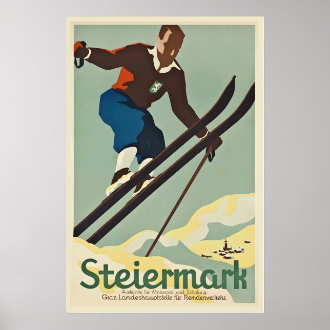 Póster Cartel antiguo de esquí de Graz Steiermark Austria (Frente)
