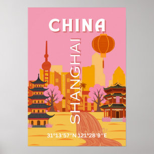 Póster Cartel Antiguo de Viajes a Shanghai China