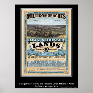 Póster Cartel Antiguo Venta de Tierras Iowa/Nebraska