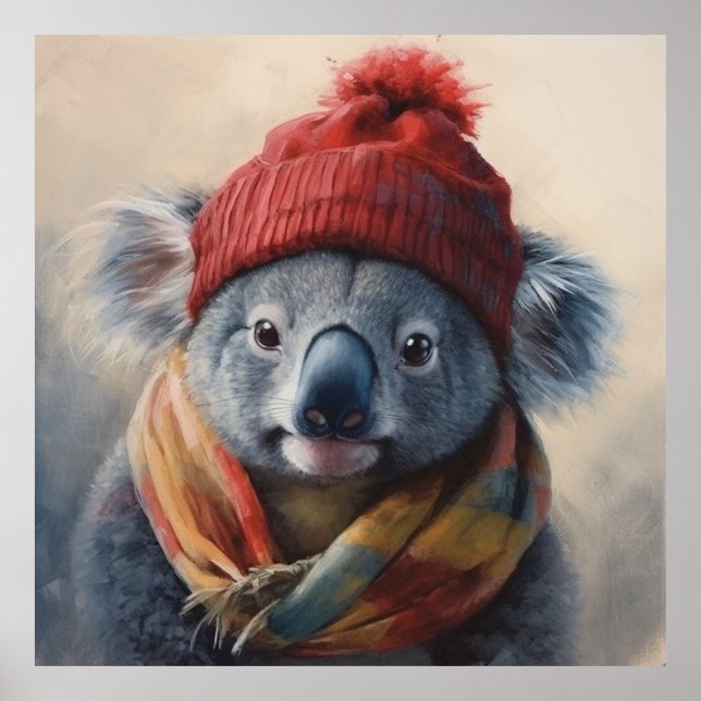 Póster Cartel Artístico de Koala con Gorro Rojo de Beanie (Frente)