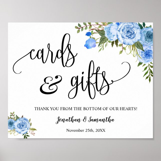 Póster Cartel boho azul para recepción de boda con tarjet (Frente)