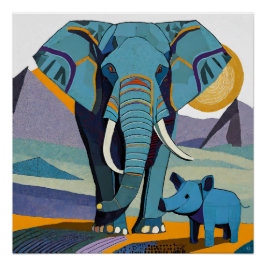 Póster Cartel brillante de elefante y facóquero