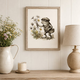 Póster Cartel caprichoso de rana con flores silvestres es