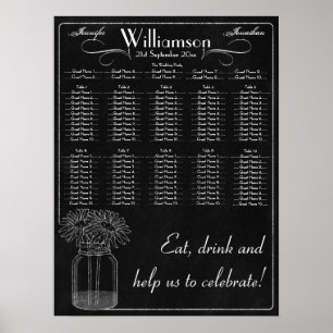 Póster Cartel con asientos de Boda Mason Jar y Daisy