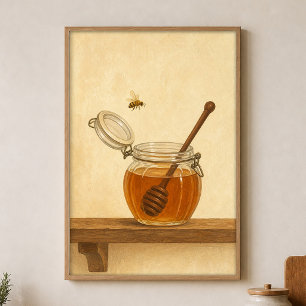 Póster Cartel Cottagecore de Tarro de Miel y Abeja en Acu
