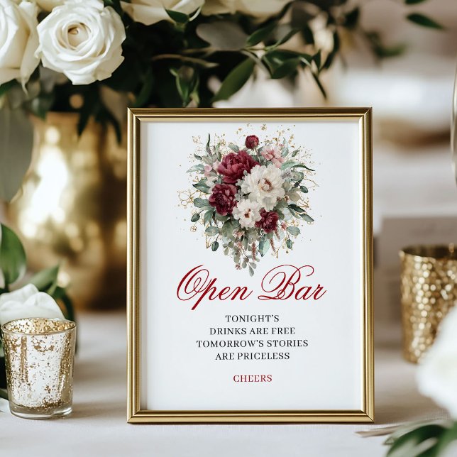 Póster Cartel de 8x10 de barra abierta con toque de Marsa (Marsala Blush Burgundy Open Bar 8x10 Sign)