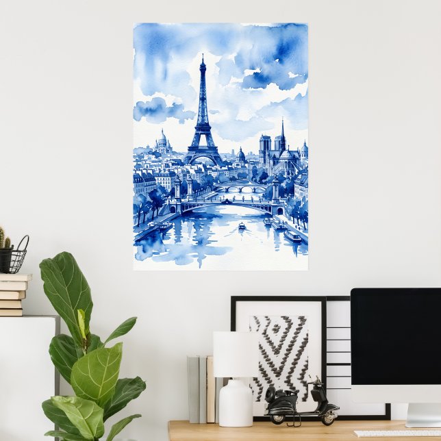 Póster Cartel de Acuarela Azul de la Torre Eiffel de Parí (Oficina en casa)