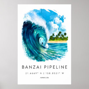 Póster Cartel de acuarela de Banzai Pipeline Acuarela 1