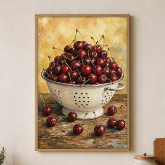 Póster Cartel de acuarela de cerezas en un escurridor