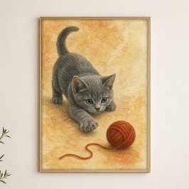 Póster Cartel de Acuarela de Gatito Golpeando una Bola de