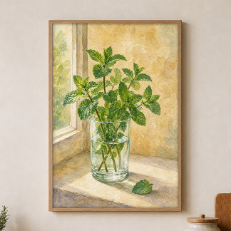 Póster Cartel de acuarela de Menta en un Vaso de Agua