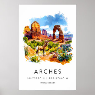 Póster Cartel de acuarela del Parque Nacional Arches Arch
