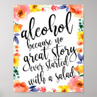 Cartel de Alcohol para Boda con Acuarela Floral 8x