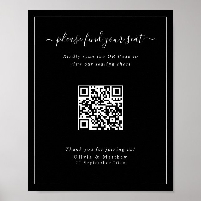 Póster Cartel de Asiento de Código QR para Boda Negra Mod (Frente)
