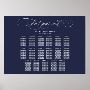 Póster Cartel de Asientos de Boda 17 Mesas Azul Marino 