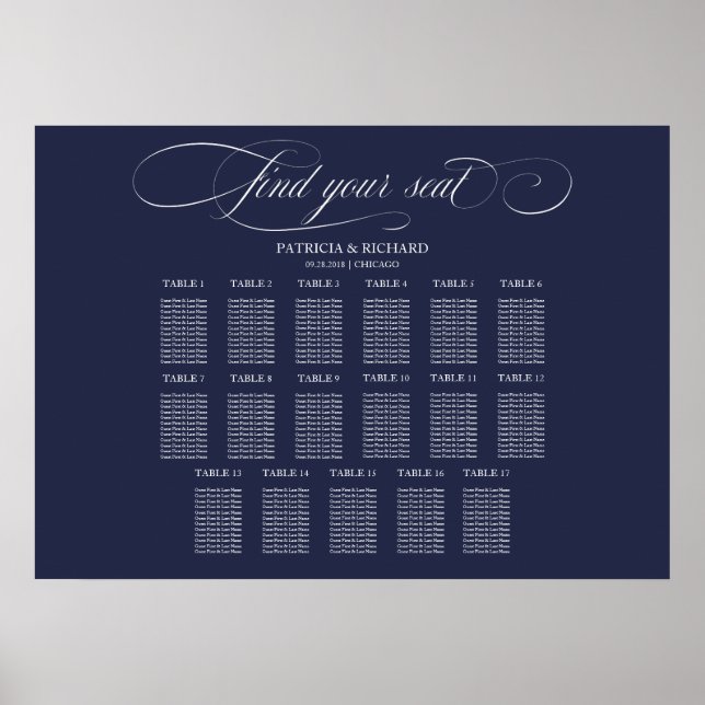 Póster Cartel de Asientos de Boda 17 Mesas Azul Marino  (Frente)