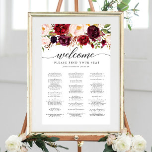 Póster Cartel de Asientos de Boda con Marsala Borgoña