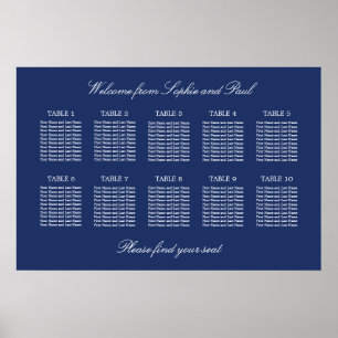 Póster Cartel de Asientos de Boda de 10 Mesas Azul Marino