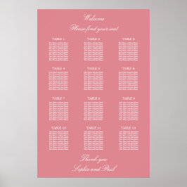 Póster Cartel de Asientos de Boda de 12 Mesas Rosa Rubor