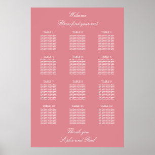 Póster Cartel de Asientos de Boda de 12 Mesas Rosa Rubor