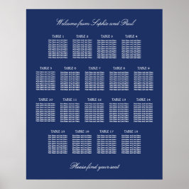 Póster Cartel de Asientos de Boda de 18 Mesas Azul Marino