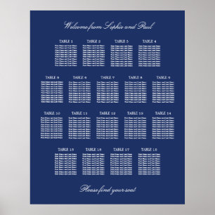 Póster Cartel de Asientos de Boda de 18 Mesas Azul Marino