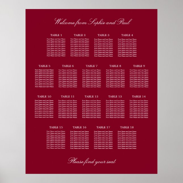 Póster Cartel de Asientos de Boda de 18 Mesas en Borgoña (Frente)