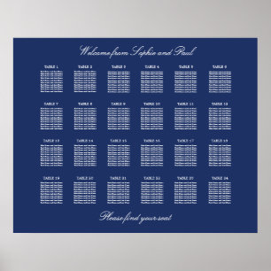 Póster Cartel de Asientos de Boda de 24 Mesas Azul Marino