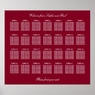 Póster Cartel de Asientos de Boda de 28 Mesas Borgoña