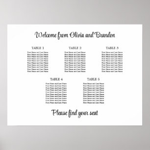 Póster Cartel de Asientos de Boda de 5 Mesas con Estilo