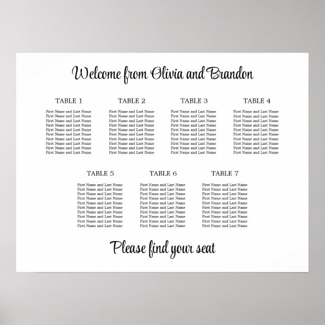 Póster Cartel de Asientos de Boda de 7 Mesas con Estilo (Frente)