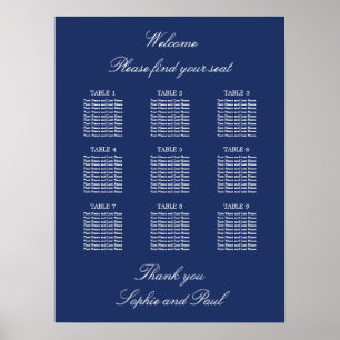 Póster Cartel de Asientos de Boda de 9 Mesas Azul Marino