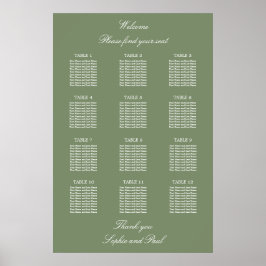 Póster Cartel de Asientos de Boda de Mesa 12 Verde Salvia