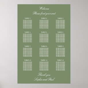 Póster Cartel de Asientos de Boda de Mesa 12 Verde Salvia
