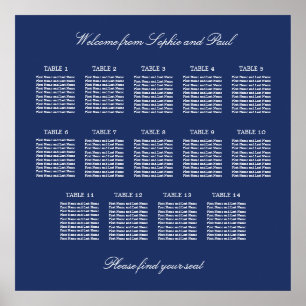 Póster Cartel de Asientos de Boda de Mesa 14 Azul Marino