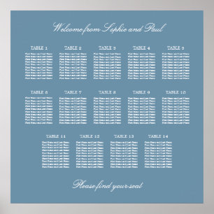 Póster Cartel de Asientos de Boda de Mesa 14 Azul Polvori