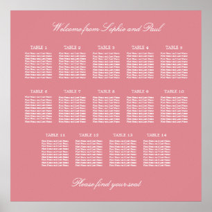 Póster Cartel de Asientos de Boda de Mesa 14 Rosa Sonroja