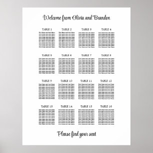 Póster Cartel de Asientos de Boda de Mesa 16 con Estilo