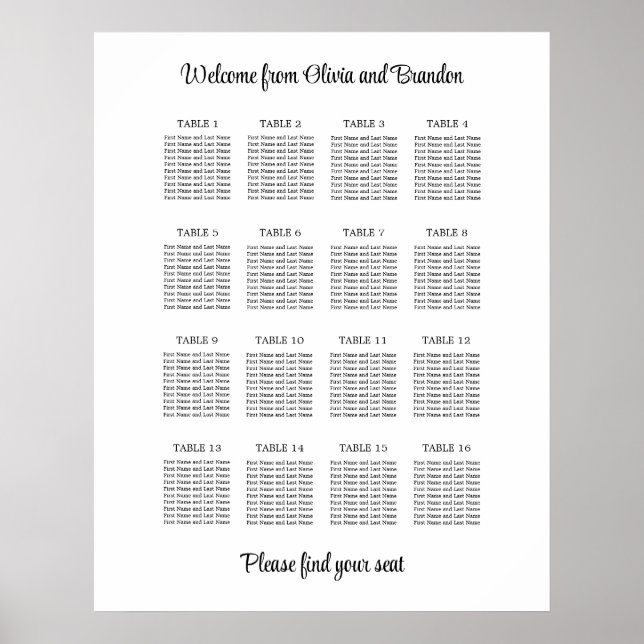 Póster Cartel de Asientos de Boda de Mesa 16 con Estilo (Frente)