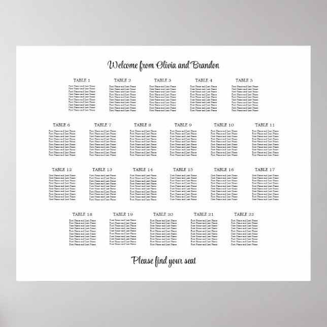 Póster Cartel de Asientos de Boda de Mesa 22 con Estilo (Frente)