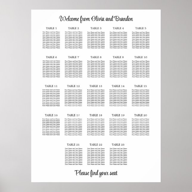 Póster Cartel de Asientos de Boda de Mesa 23 con Estilo (Frente)