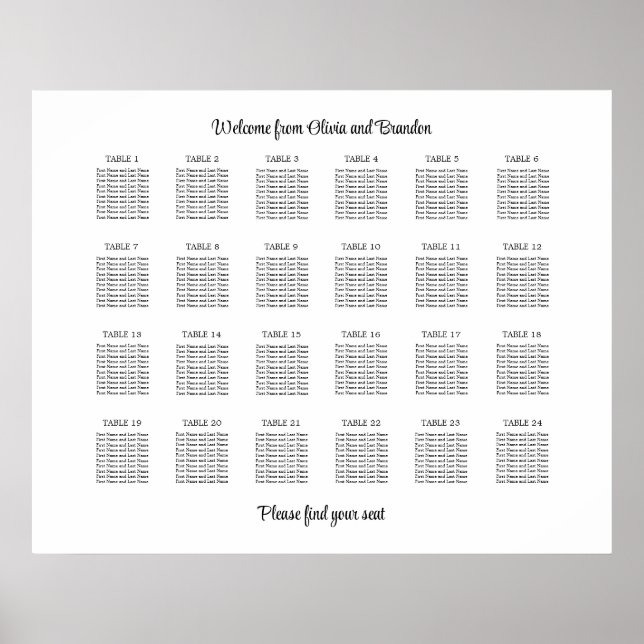 Póster Cartel de Asientos de Boda de Mesa 24 con Estilo (Frente)