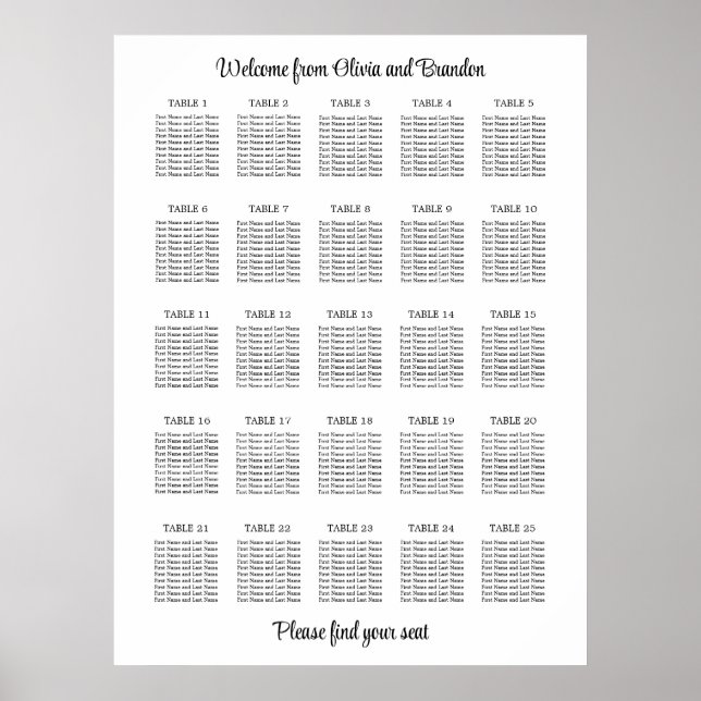 Póster Cartel de Asientos de Boda de Mesa 25 con Estilo (Frente)