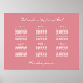 Póster Cartel de Asientos de Boda de Mesa 6 Rosa Sonrojo