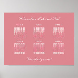 Póster Cartel de Asientos de Boda de Mesa 6 Rosa Sonrojo