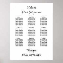 Póster Cartel de Asientos de Boda de Mesa 9 con Estilo